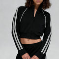 Fall and winternew arrivalmodal air layer sandwiched with white strips breathable stand collar zipper outwear short skirt casual sports suit for women