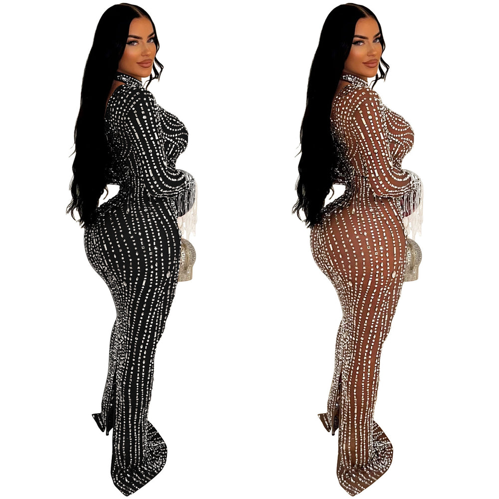 C6919 cross-border   independent station fashion women's solid color mesh rhinestone dress