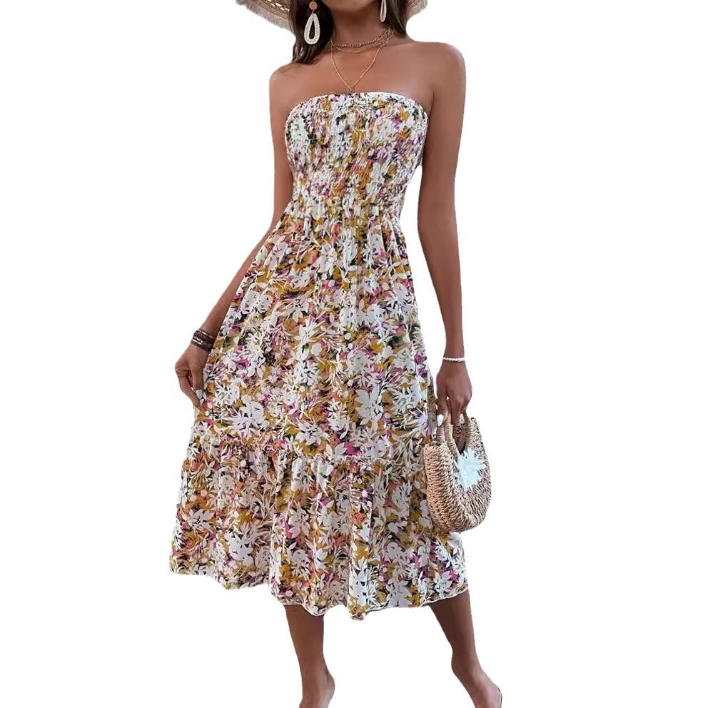 spring/summer new arrival: cross-border women's strapless dress with ruffle hem and sexy, elegant floral print