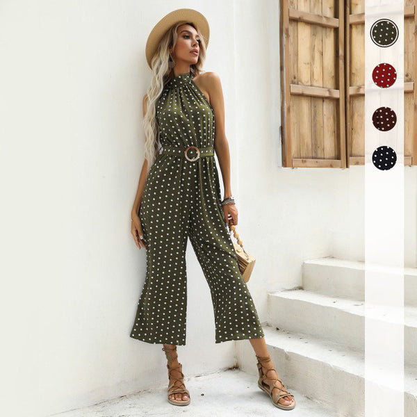 summer hot sale, European and American trends with belts, polka dots, neck suspenders, wide-leg black jumpsuits