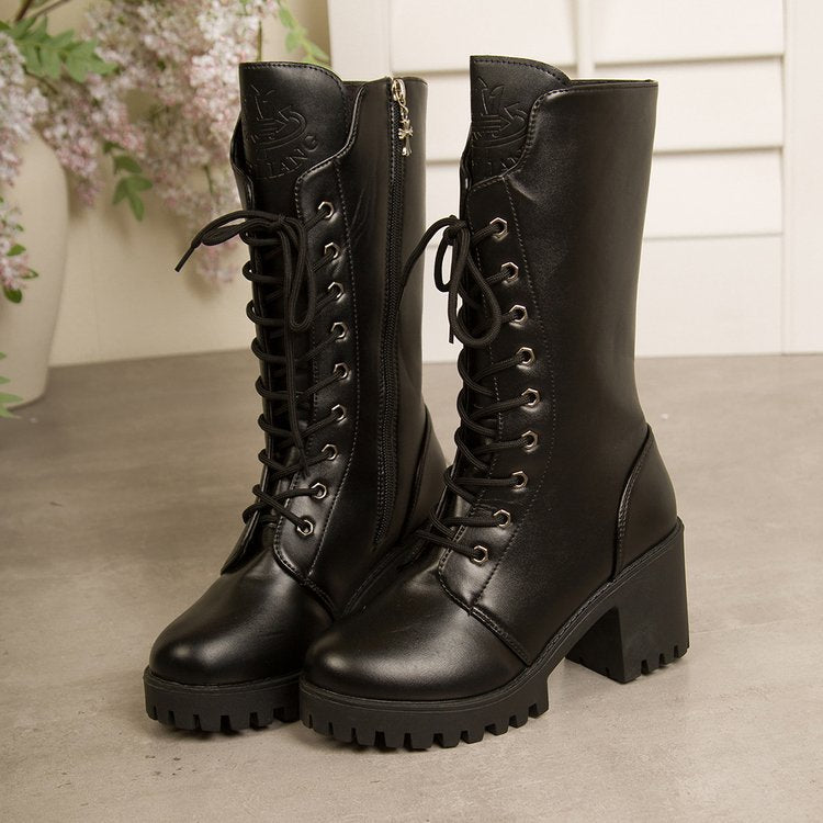 exportplus sizefall and winternew arrival thick heel high heel front tie backfashionknee socks women's boots cross-border wholesale