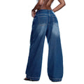 Fashionjeans women's asymmetrical cross placket loose pants washed distressed deconstructed drapedmop denim pants