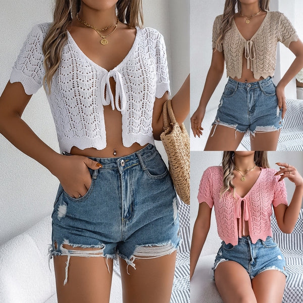 2024 summer lace-up hollow short-sleeved knitted cardigan holiday exposed navel sunscreen shirt, independent station  women's clothing