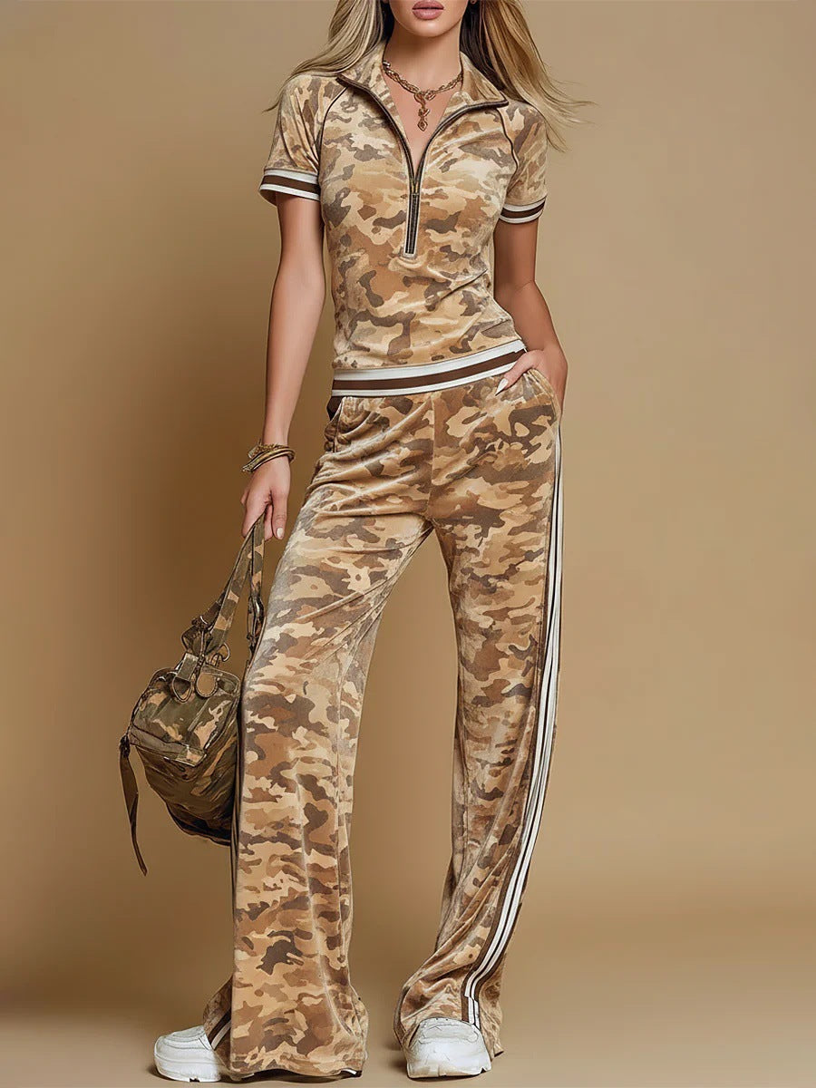 Tk tmeu supply new arrival women's clothing three stripes camouflage american street retrostraight-legcasualtwo-piece set