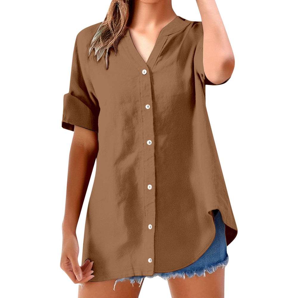 cross-border women's casual solid color stand collar button-down short sleeve shirt top