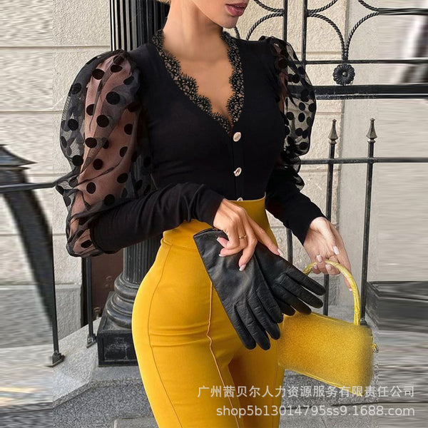 Foreign trade European and American women's clothing new metal buckle polka dot yarn splicing top LZC1172 series