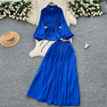 Minimalist solid color elegant women's spring outfit: bubble sleeve tie-up blouse + elastic waist slimming midi skirt