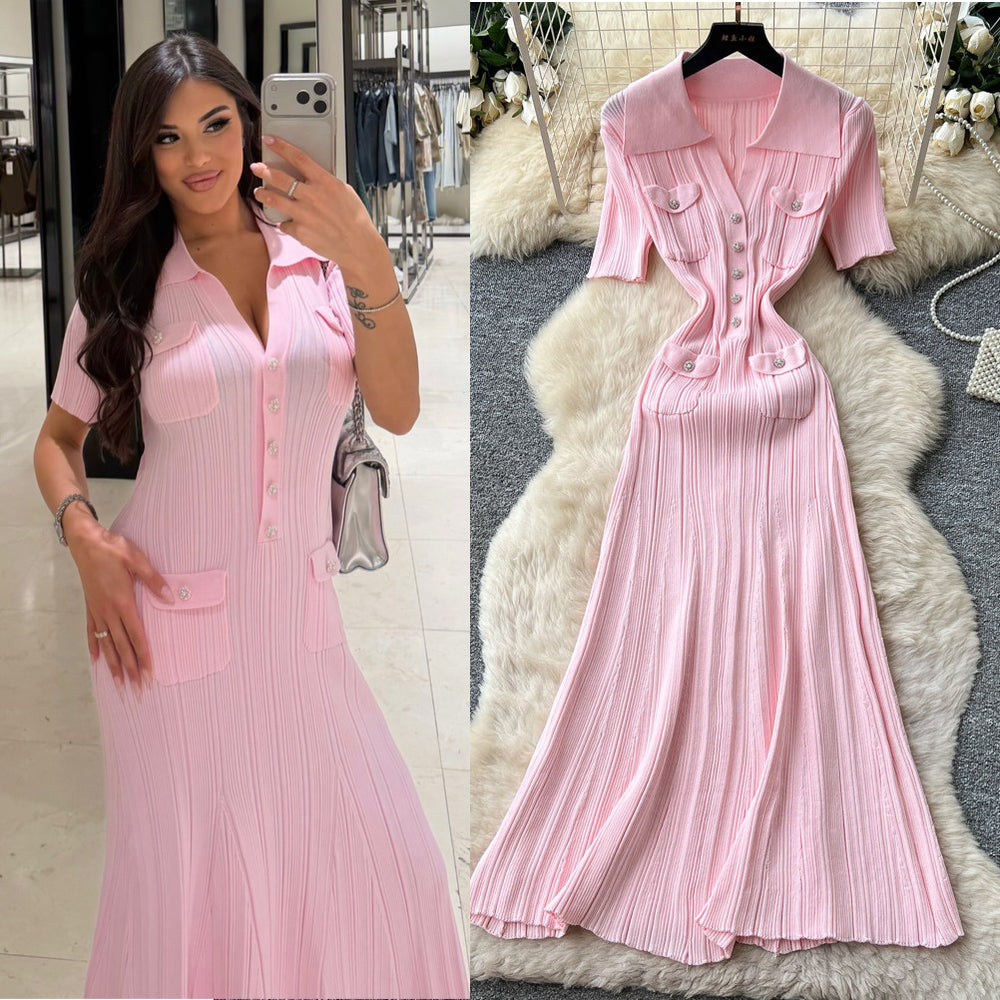 K-style pure desire lapel knitting short-sleeved dress women's summer silm single-breasted waist slimming lookelegant long skirt