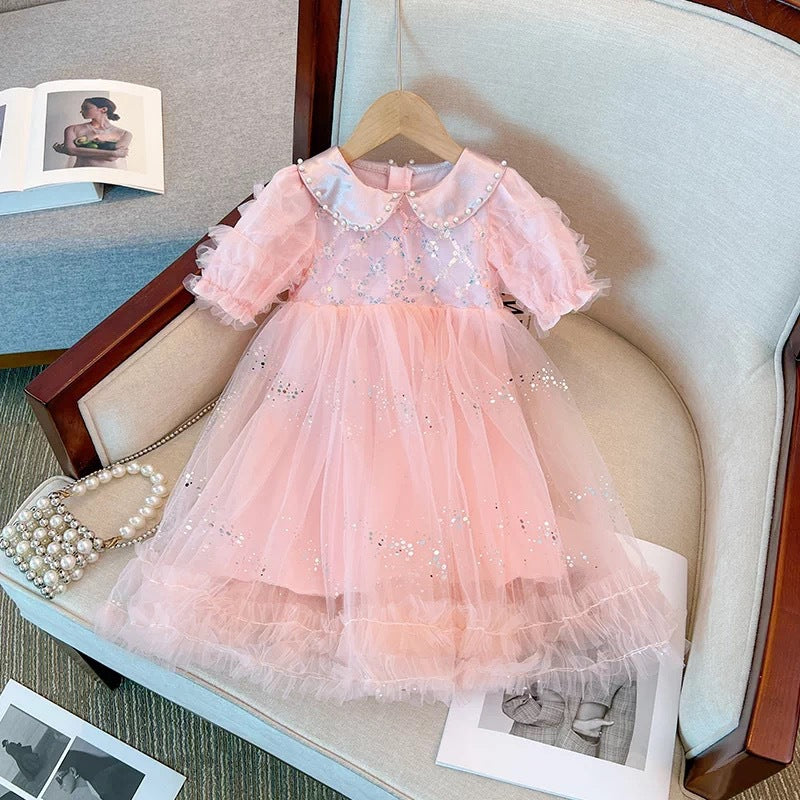 Trendy baby girl dress -  summer floral sweet style - popular tutu dress - girls' mesh party dress