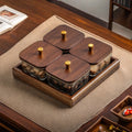 4-compartment glass dish set with gold-edged hammered texture, walnut wood tray, and lid