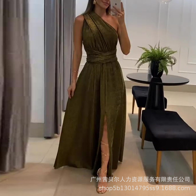 Foreign trade 2023 European and American new brown flash strap split dress