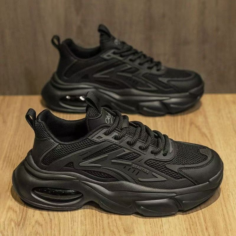 Men's winter 2025 new arrival: bestselling all-black chunky sole "black warrior" air cushion casual sneakers - dad shoes, trendy ins style