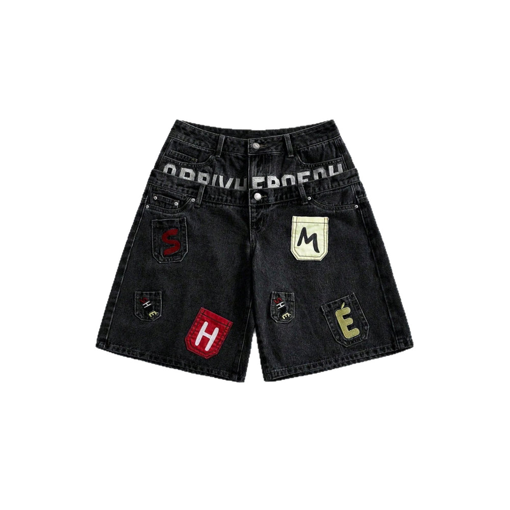 European and american style women's denim shorts - vintage american retro letter patch double-layer waistband loose fit streetwear hip-hop denim shorts