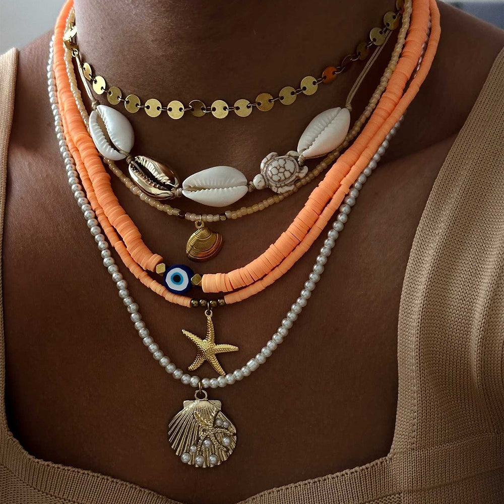 Pearl necklace wholesale european and american cross-border autumn and winter accessories women's niche colorful shell soft pottery multi-layer sweater clavicle chain
