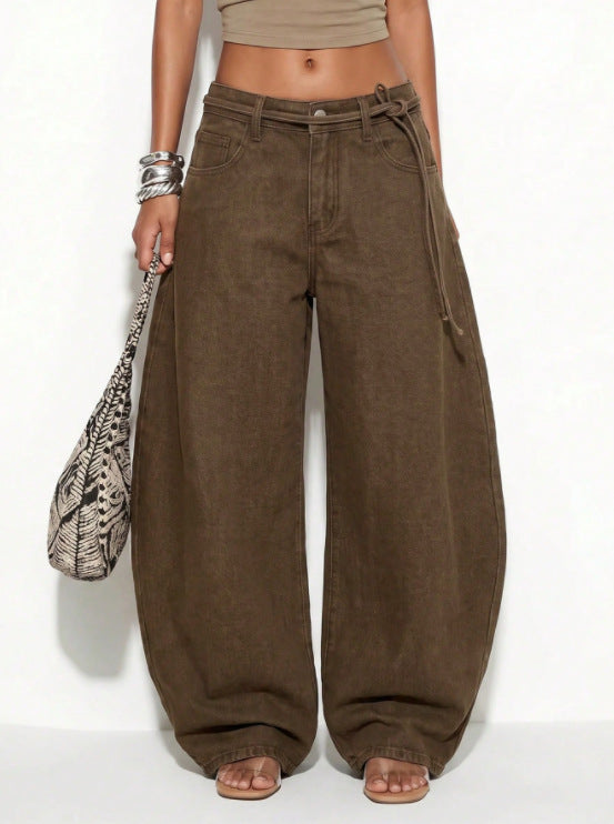 Women's casual loose bucket jeans with drawstring waist
