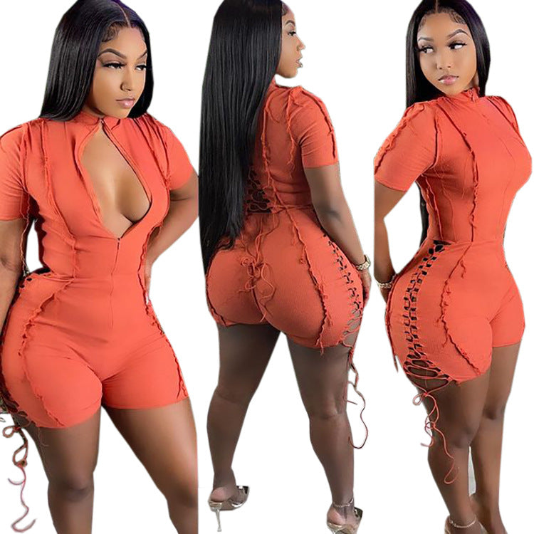summer hot seller:  foreign trade women's fashion - european and american sexy solid color tie-up short sleeve jumpsuit