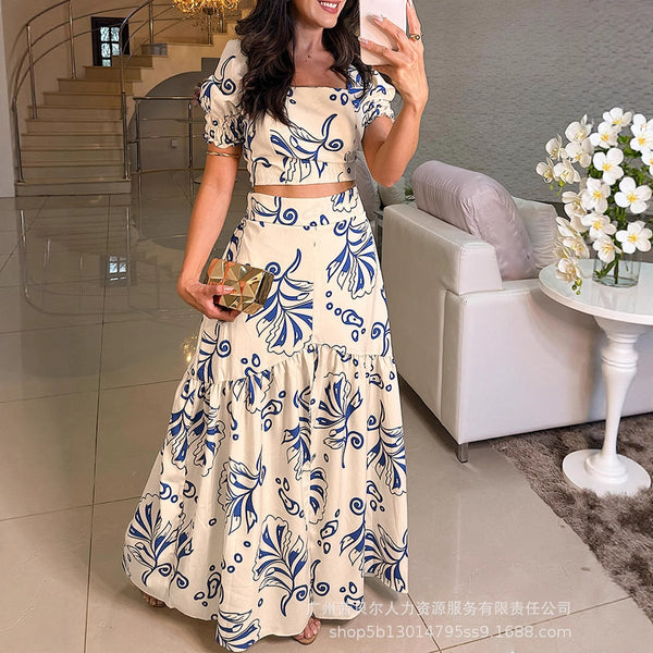 LZR19474 Light yellow full flower bubble sleeve short top set A word long skirt set