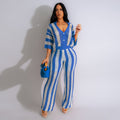 Amazon hot selling european and american women's sexy v neck cut outstripes lapel knitting wide pants suit