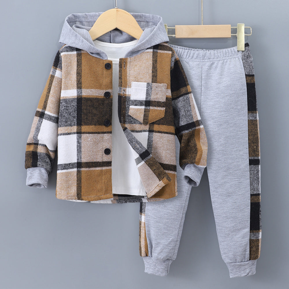 exclusive hot-selling children's autumn and winter new long-sleeved plaid color-block hooded two-piece set (top + pants)
