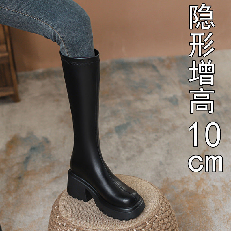 Ultra high heel black long boots women's 2025 autumn not skinny small thick sole hidden heel long boots knight boots