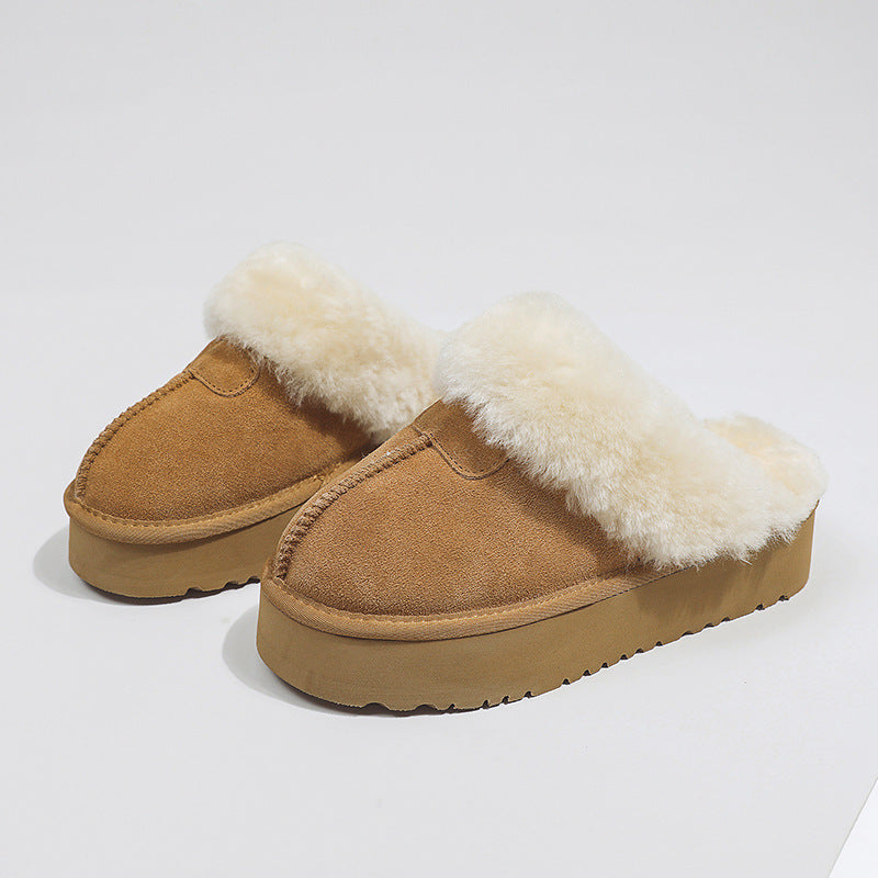 Women's fuzzy slippers - new 2026 autumn/winter collection: thick-soled snow boots, fleece-lined closed-toe half slippers, outdoor cotton shoes