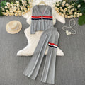 Fashionable grey suit set for women - summer design, single-breasted, slimming knit long sleeve top with striped embroidered wide-leg pants