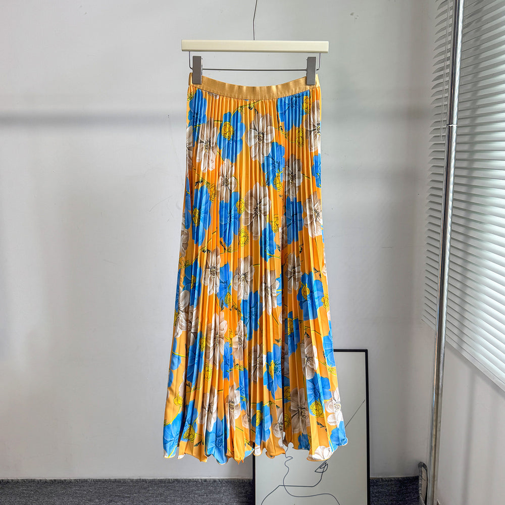 fashionretroprintingpleated elastic waist fashion skirt women's high waist a-line skirt work clothing long skirt summer