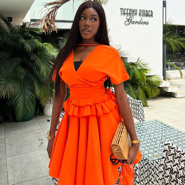 European and American  women's clothing 2025 summer new temperament V-neck ruffle edge short-sleeved top high-waisted skirt set