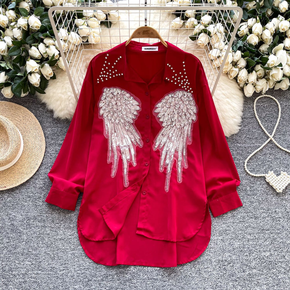 Classy heavy industry diamond-encrusted polo collar long sleevesshirt women's looseslimming lookcasualsequinembroider single-breasted tops