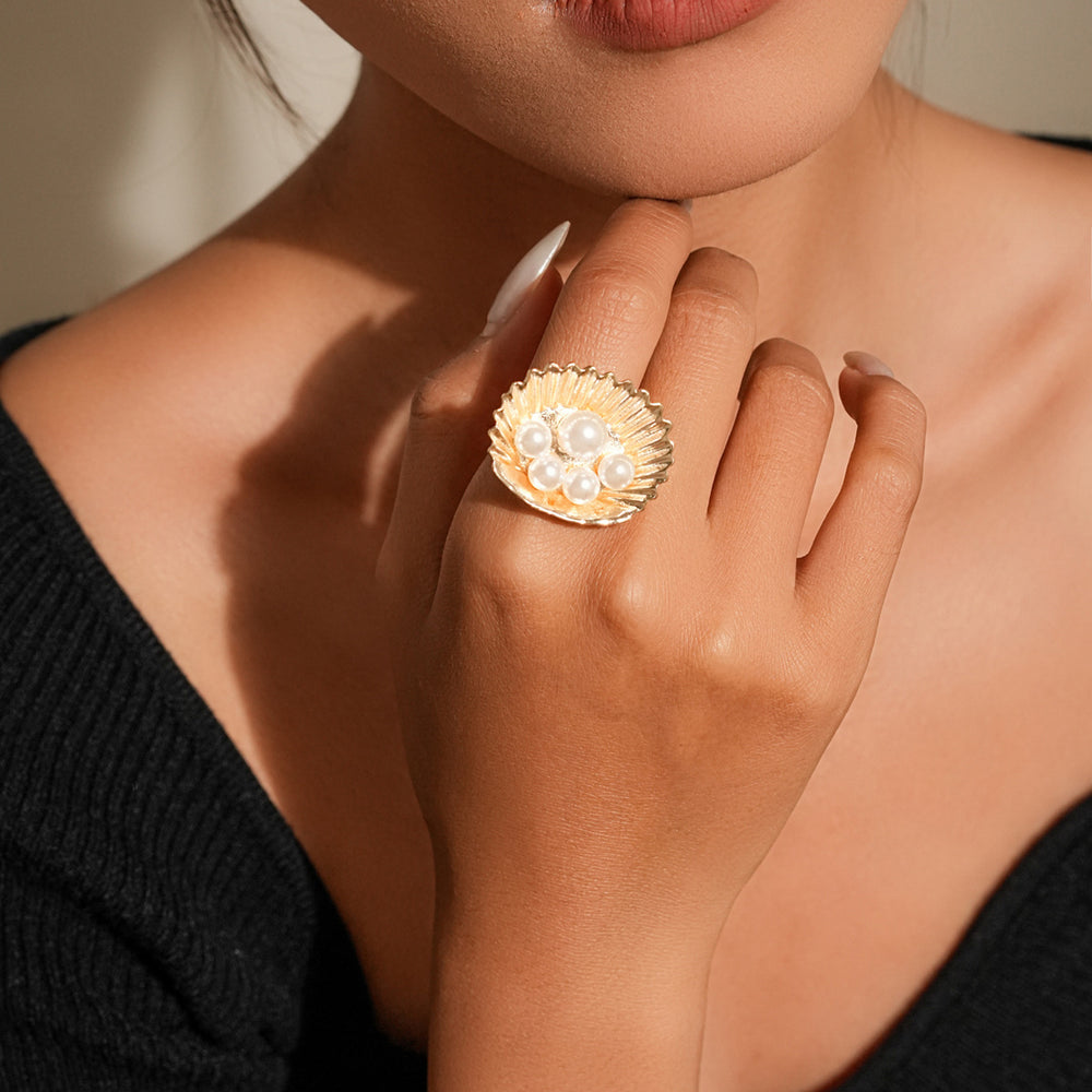 European and american cross-border hot-selling faux pearl open ring - fashionable, creative geometric ocean-themed seashell adjustable jewelry