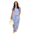 European and american cross-border women's fashion  summer new arrival: stylish casual striped short-sleeve shirt and high-waisted jogger pants set