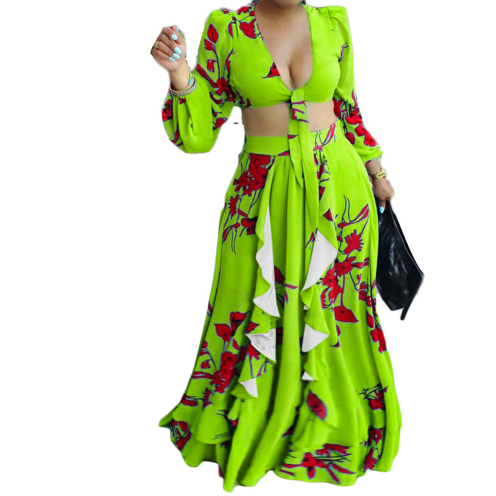 C8467  summer new fashion sexy printed tie-up top and midi skirt european and american two-piece outfit