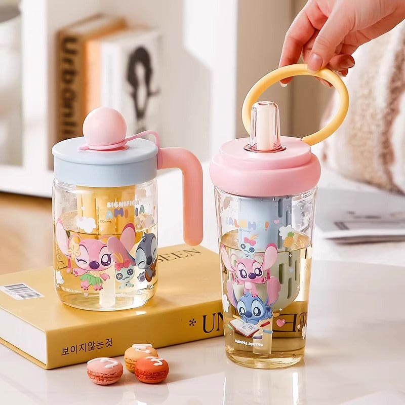 Stitch Glass Girls Large Capacity Cold Drink Fruit Teacup Stitch Drinking Tea Cup Independent Tea Warehouse with Straw
