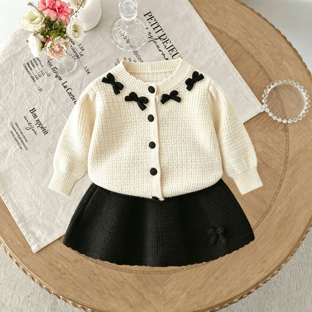 Girls' autumn outfit : new sweet bow knitted sweater and skirt two-piece set for kids
