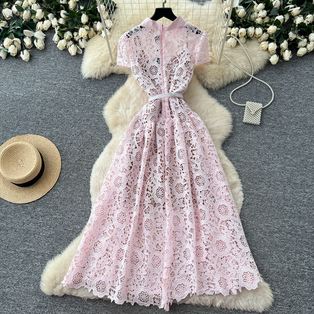 Korean style lace hollow-out sweet design dress - women's summer high-waisted a-line dress - commute-friendly, elegant, and chic maxi dress