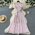 Korean style lace hollow-out sweet design dress - women's summer high-waisted a-line dress - commute-friendly, elegant, and chic maxi dress