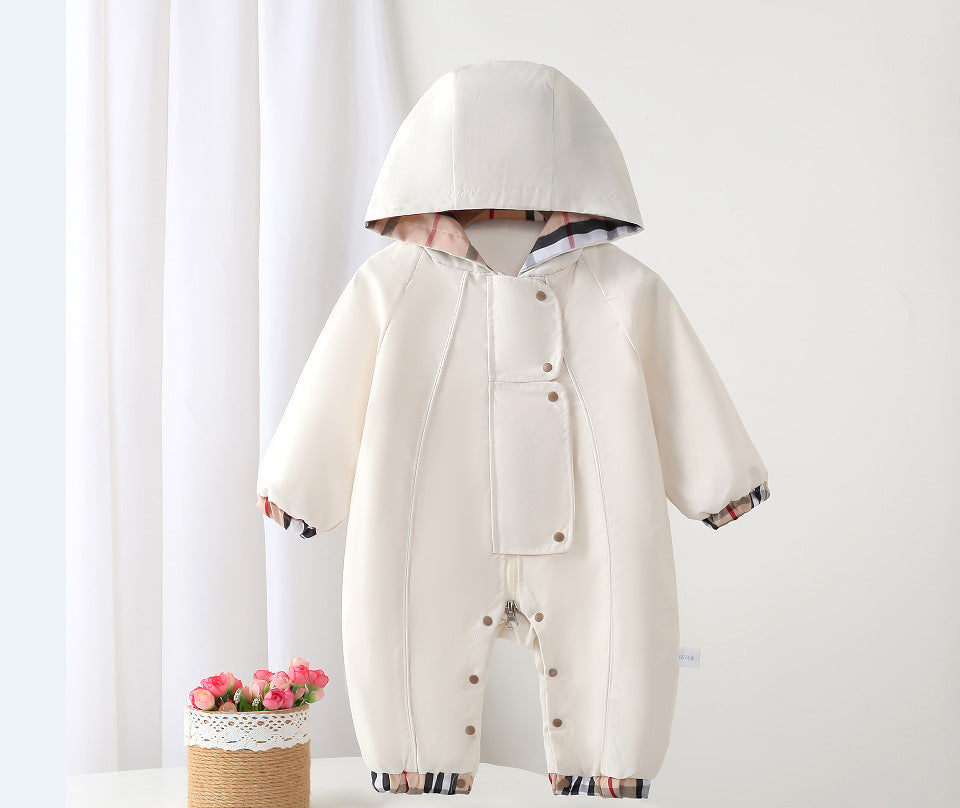 Spring & fall baby grids pattern khaki baby onesie clothes hooded jacket outing jacket outwear k-style crawling suit