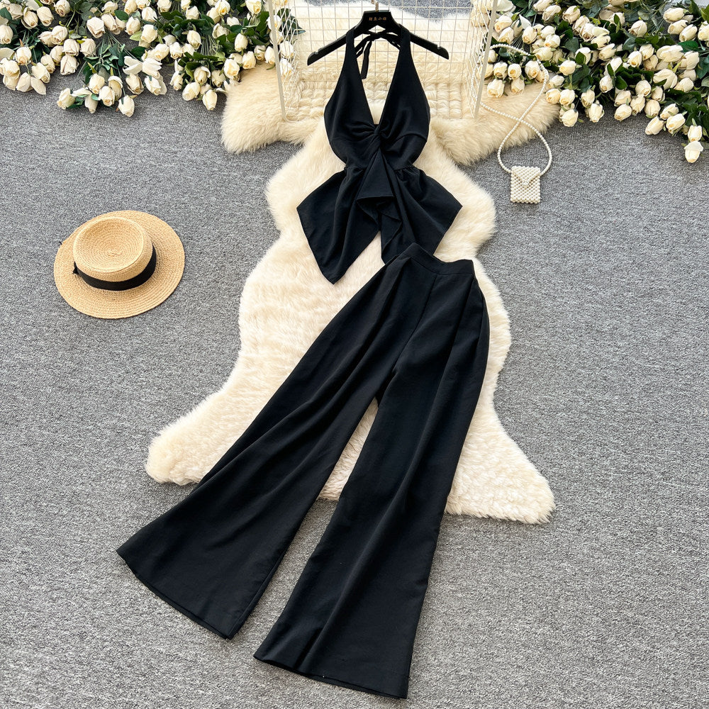 Light luxury work clothing style halter vest loose pantstwo-piece set women's summer big backless waist slimming lookfashionsuit
