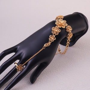 African luxury gold bangle arab fashion floral cuff bangle with ring jewelry set women's ring accessories