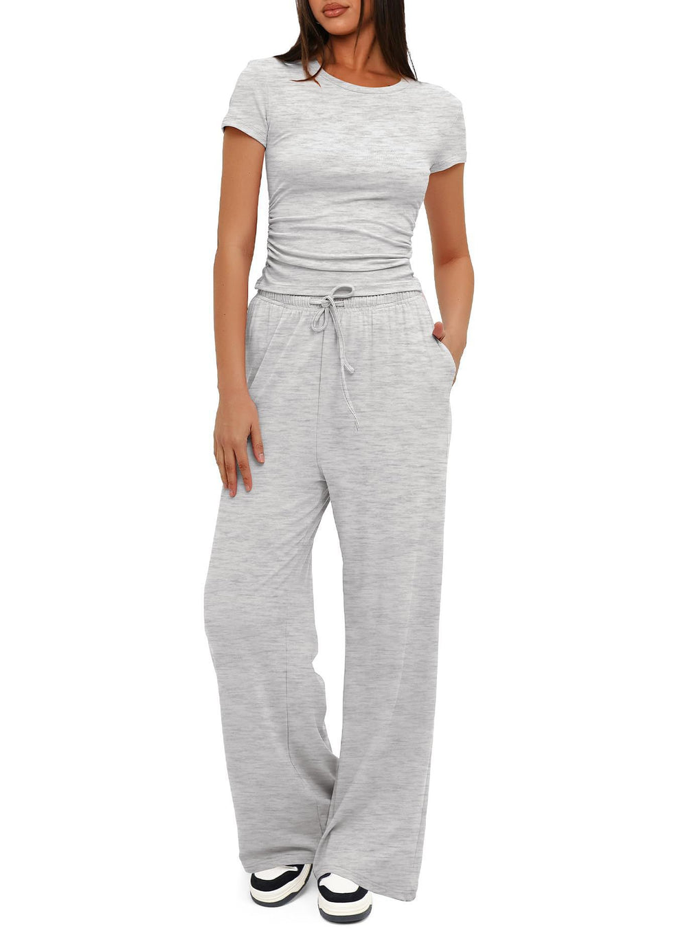 2024 european and american amazon new arrival: solid color casual set - ruched short sleeve top & high-waisted wide leg pants tracksuit