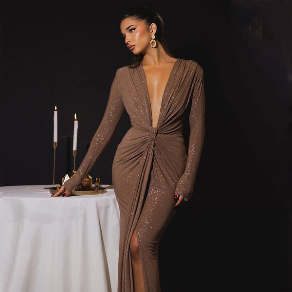 autumn and winter fashion sexy deep V-neck streamer dress, new Spice Girl slim dress