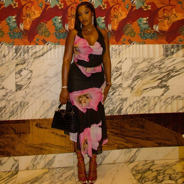 European and American  women's clothing, fashionable and elegant slim-fitting printed skirt set, medium and long sleeveless neck V-neck two-piece set