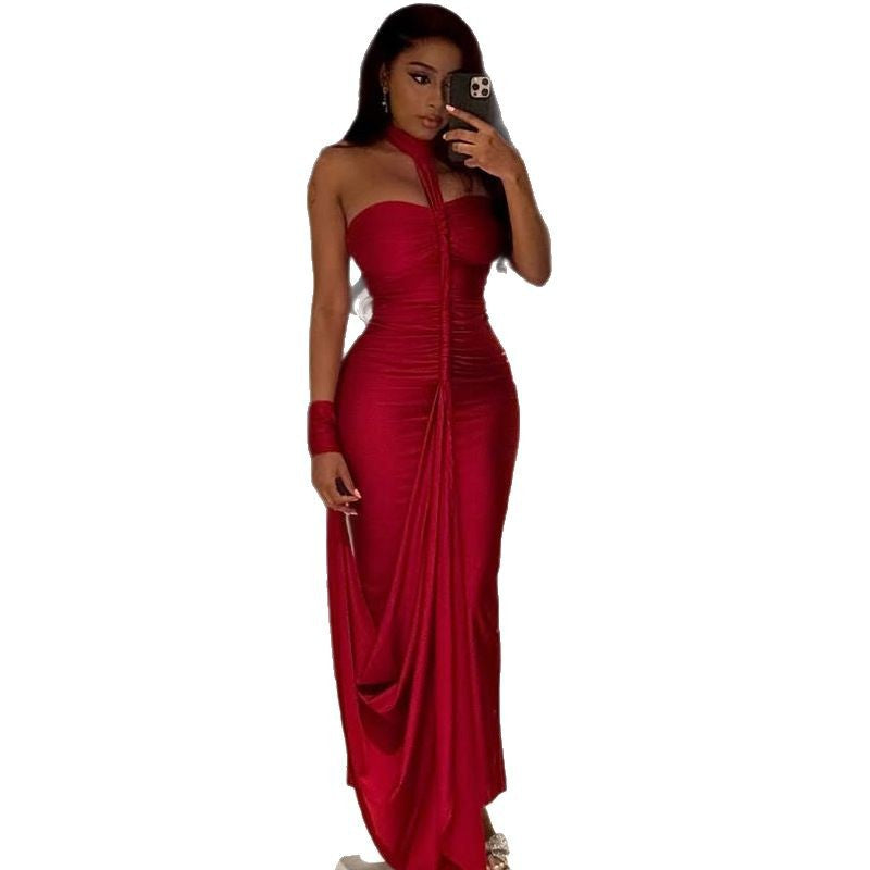 European and american style solid color elegant women's backless tie-up bandeau bodycon dress with ruched off-the-shoulder neckline - perfect for banquets and formal events