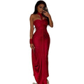 European and american style solid color elegant women's backless tie-up bandeau bodycon dress with ruched off-the-shoulder neckline - perfect for banquets and formal events