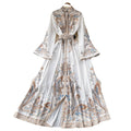 Spring autumretro stand-up collar bell sleeves printingdress women's fashion ins palace style large swing over-the-knee long skirt