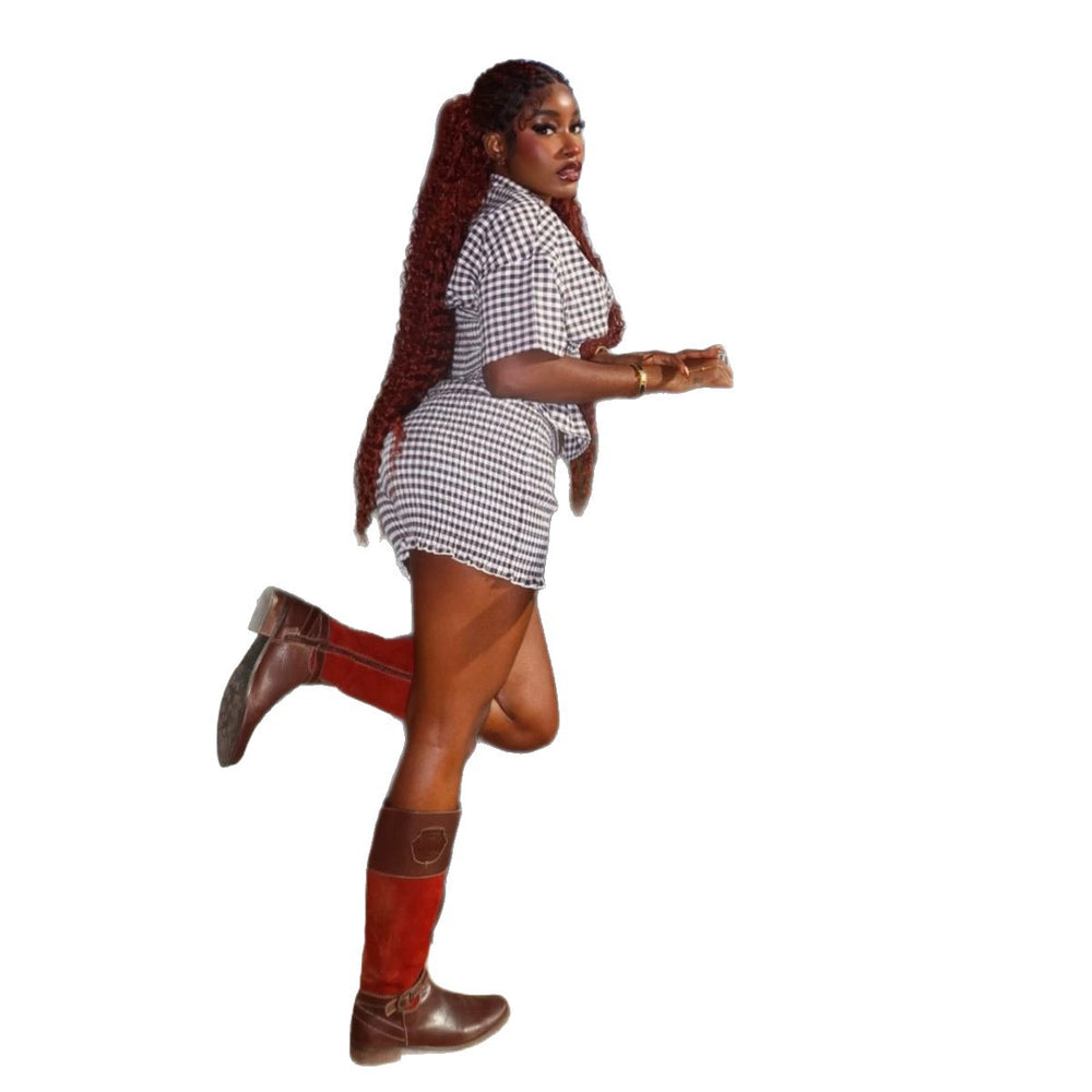 European and american cross-border african women's clothing  summer new fashion plaid pleated short-sleeve shirt and high-waisted shorts set