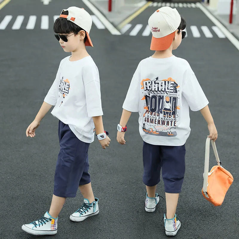 Boys' short-sleeve outfit set - summer collection,  new arrival - stylish korean fashion for mid-to-large children, trendy activewear & casual wear