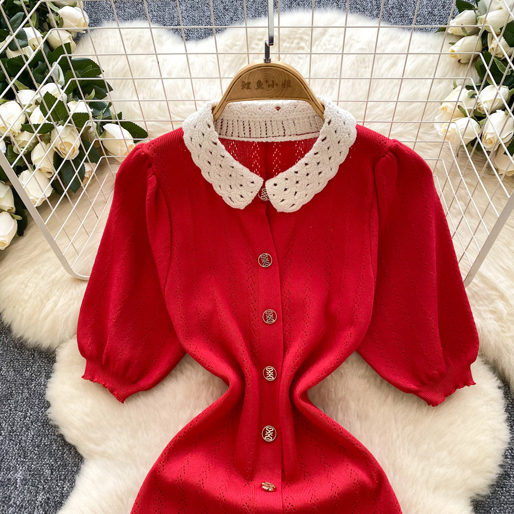 Springfrench doll collar lace collar puff sleevesilmslimming look short-sleeved knittingdress single-row gold button long skirt