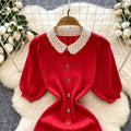 Springfrench doll collar lace collar puff sleevesilmslimming look short-sleeved knittingdress single-row gold button long skirt