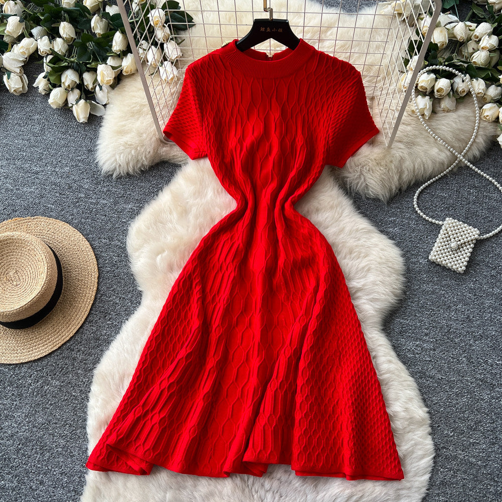 Korean style red knitted high-end dress - women's summer short sleeve high-waisted a-line dress - commute-friendly, slimming, and exudes sophistication